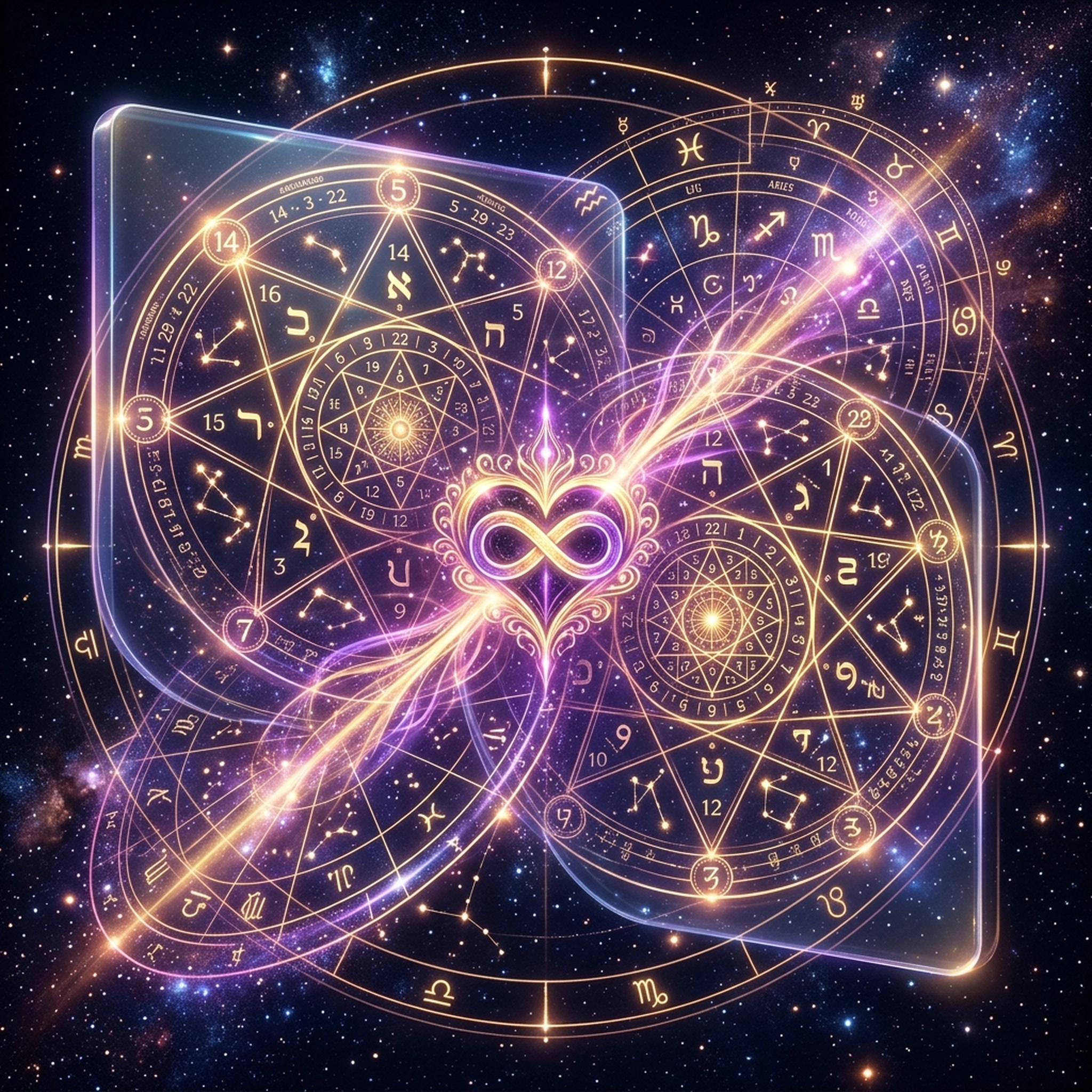 Two intertwined destiny matrix charts representing relationship compatibility