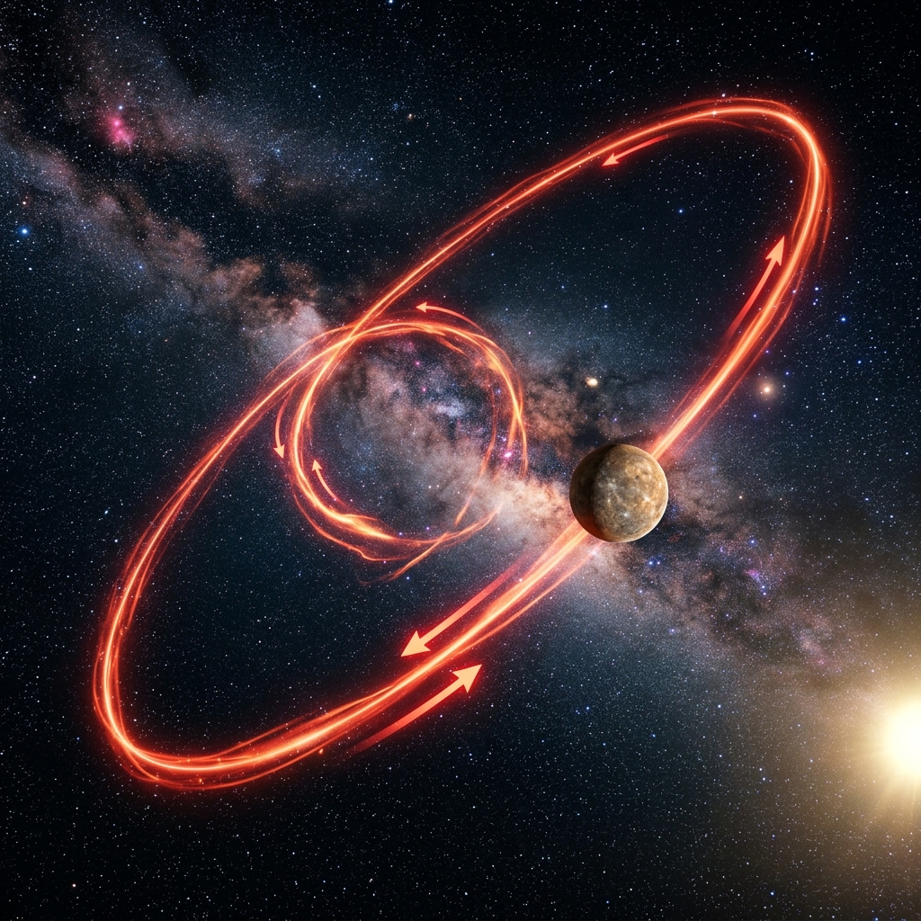 Planet Mercury in retrograde orbit path with red arrows in space