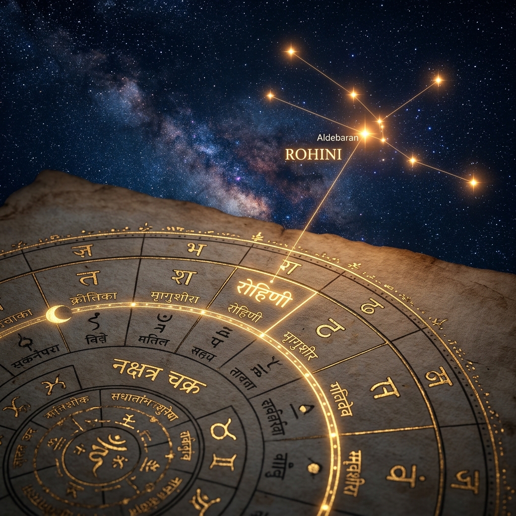 Ancient Vedic Nakshatra star map with Sanskrit symbols