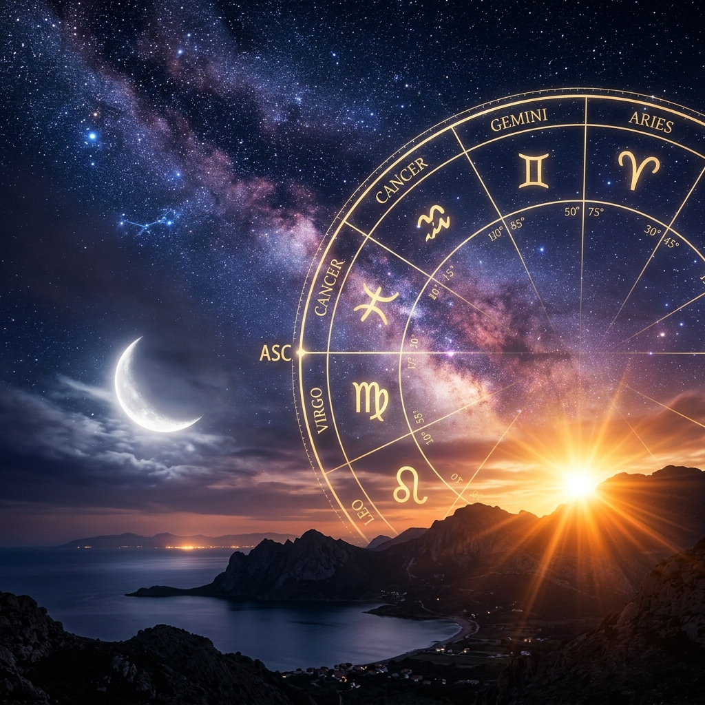 Zodiac wheel with sun moon and rising sign in cosmic sky