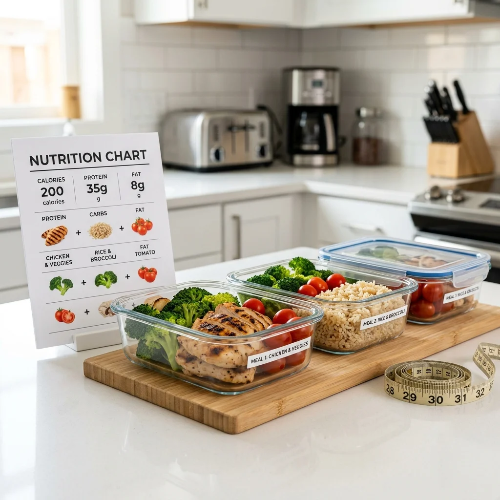 Healthy meal prep containers with protein, carbs and vegetables beside a nutrition chart