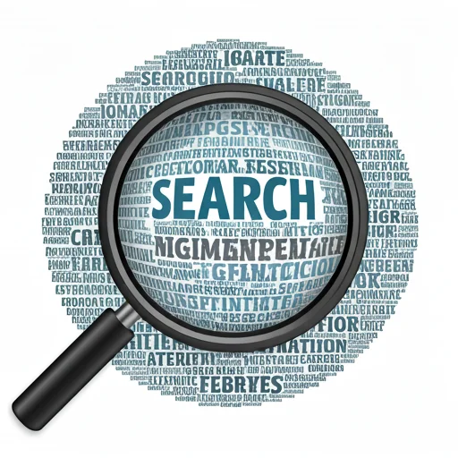 Visual of a magnifying glass over a word cloud of search terms
