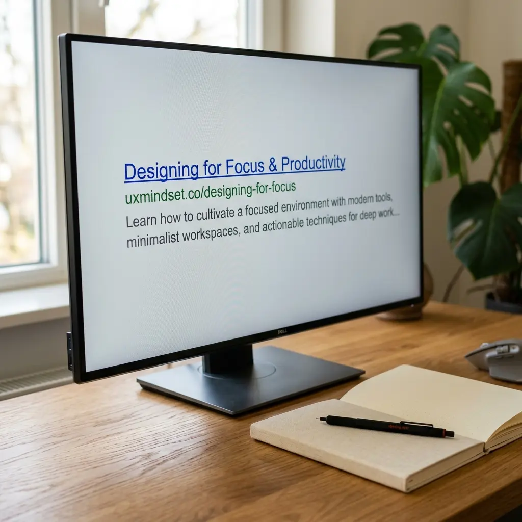 Floating SERP snippet card with blue title, green URL, grey description lines and a teal progress bar